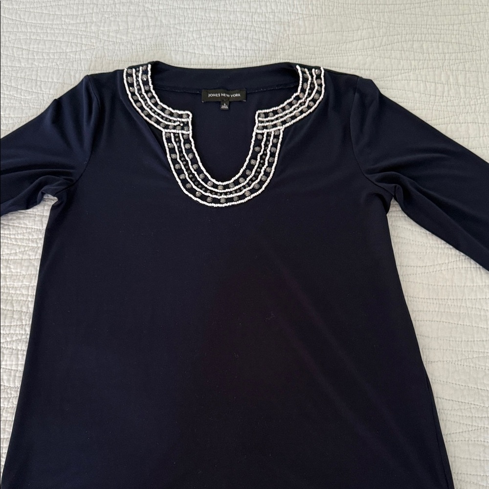 Jones New York Navy Top with Beaded Neckline